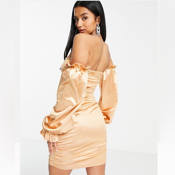 First Distraction The Label Petite bardot mini satin dress in carame - Picture 2 of 9